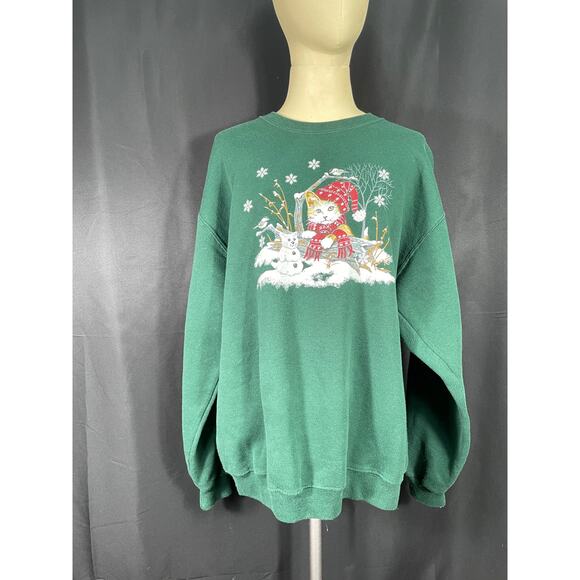 Vintage Adorable Christmas Sweatshirt, Kitty in the Snow, Forest Green XL - Picture 1 of 5